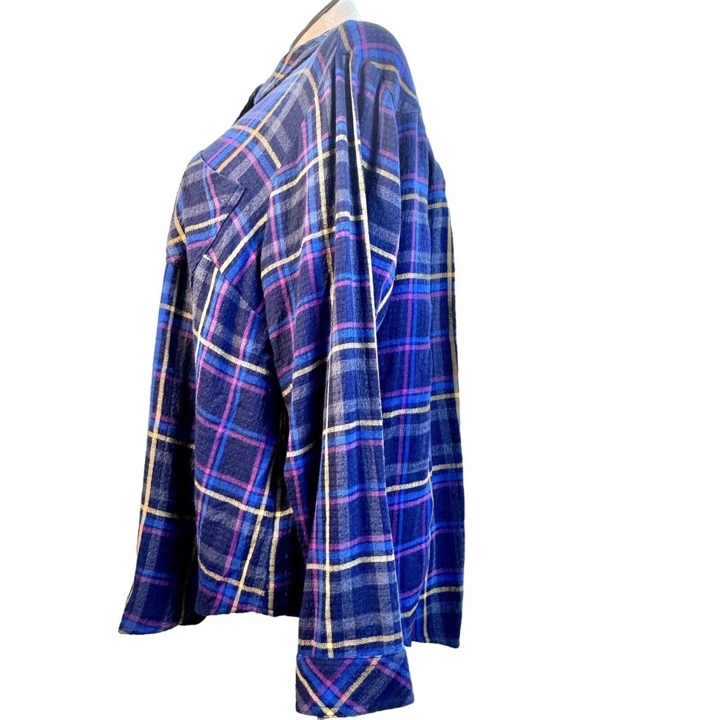 Torrid Flannel Shirt Size 3 Blue Purple Yellow Plaid Buttons Front Back LS NWOT