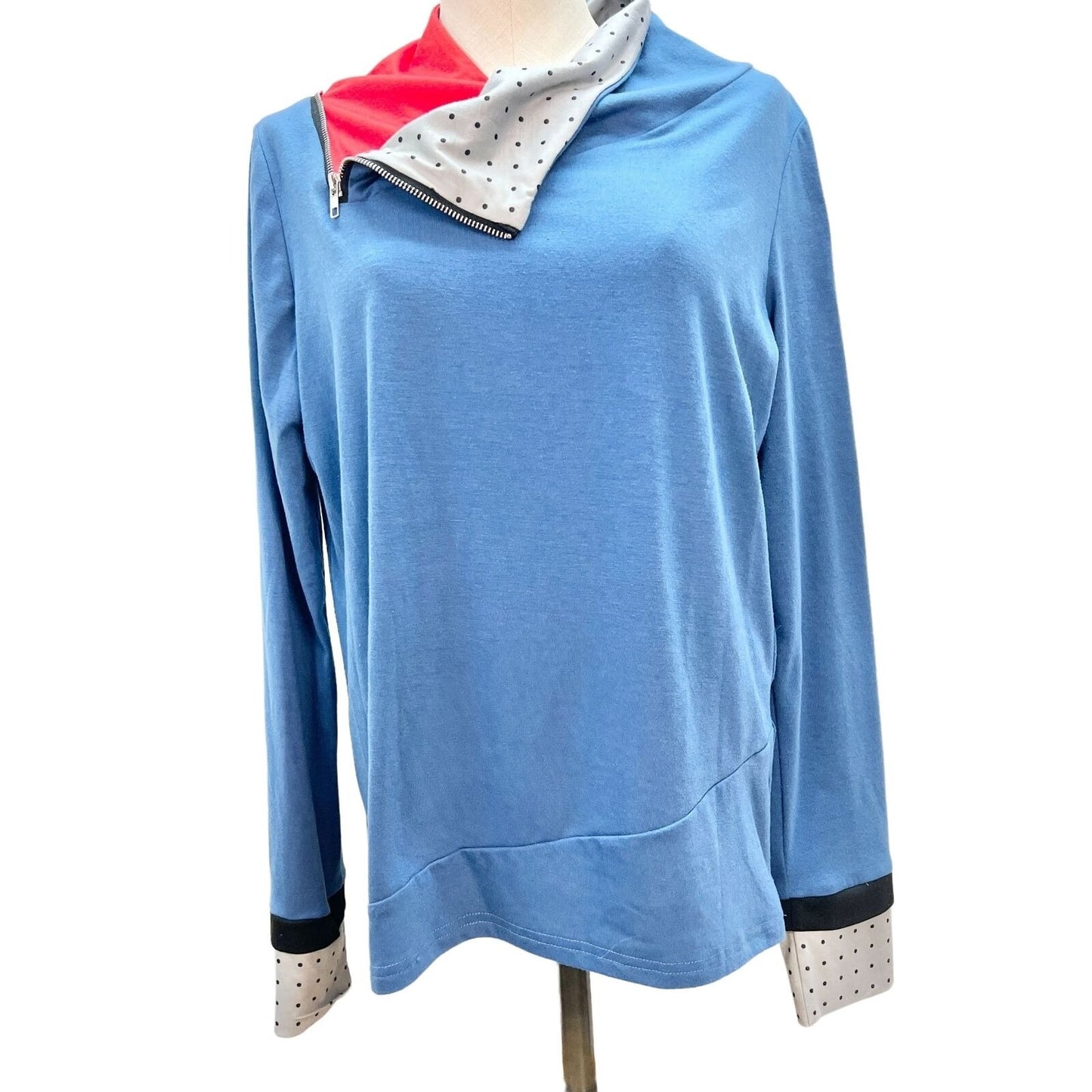 Misslook Womens XL Blue LS Pullover Shirt with Red Gray Trim at Neck and Sleeve