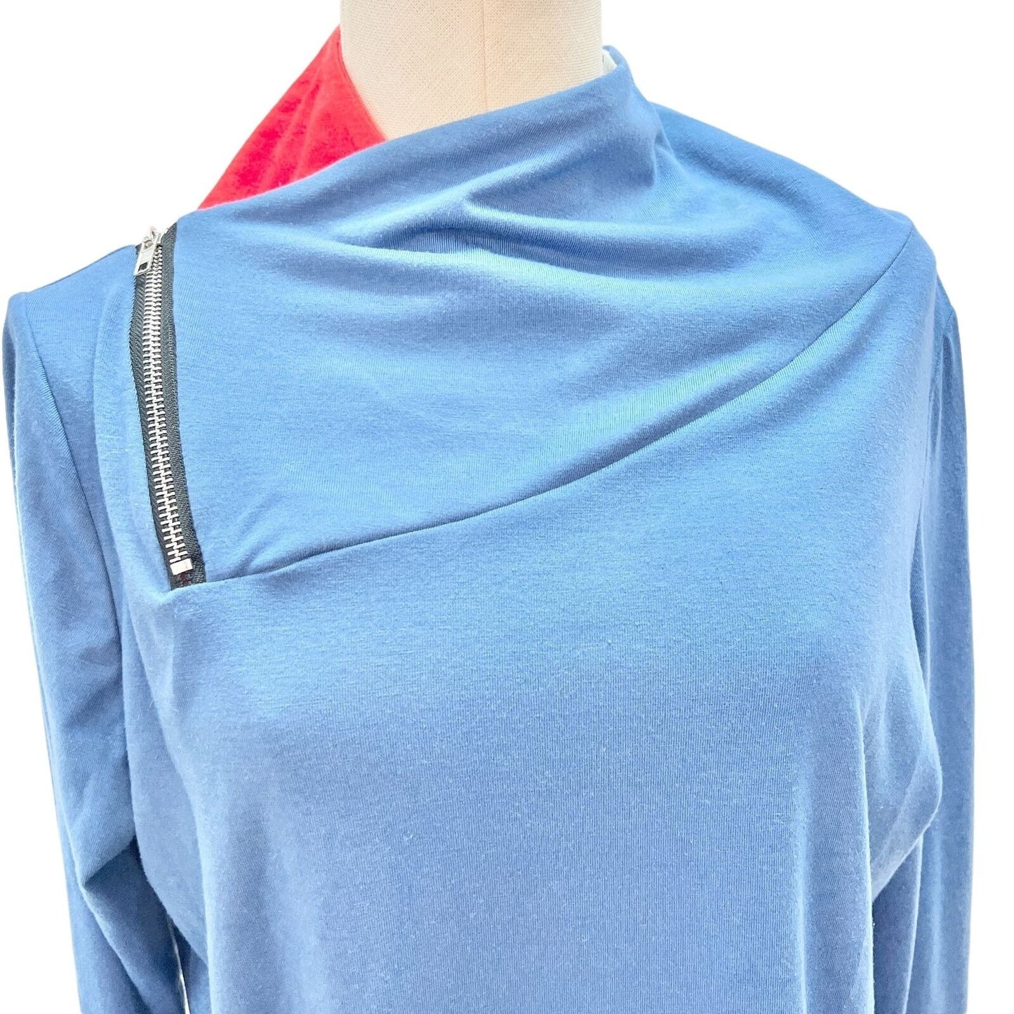 Misslook Womens XL Blue LS Pullover Shirt with Red Gray Trim at Neck and Sleeve