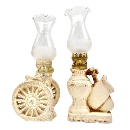 Oil Lamps Set of Two 9 x 4 Cream Beige Ceramic Wagon Wheel Vase Violin Chimneys
