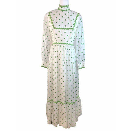 Vintage 1960s White w/ Green Polka Dots High Collar Long Sleeve Gown Bridesmaid