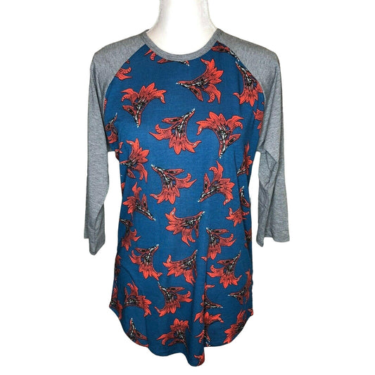 LuLaRoe Randy Baseball Style Tee Size M Blue Red Flowers Gray 3/4 sleeves NWT