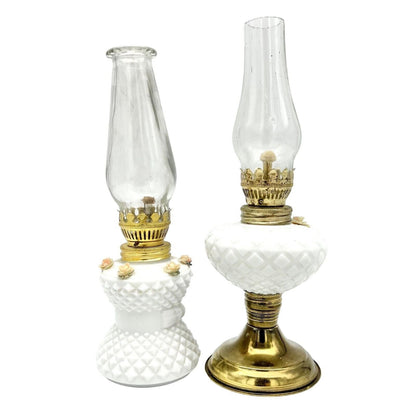 Set of 2 Mini Vintage Oil Lamps 8.5 x 3 9 x 3 Brass and White Milk Glass