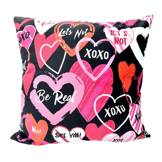 Valentines Day Pillow 17 inch Black Reds Pink White Hearts Sayings XOXO EUC