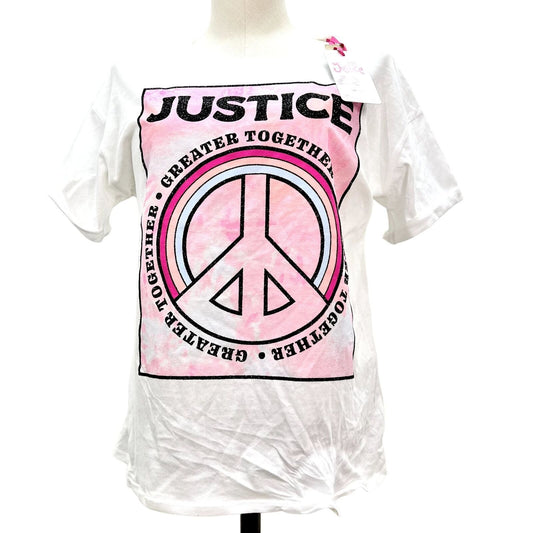 Justice T-shirt Girl's XL(16-18) White Justice Peace Sign Cuffed Sleeve NWT