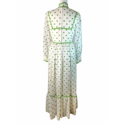 Vintage 1960s White w/ Green Polka Dots High Collar Long Sleeve Gown Bridesmaid