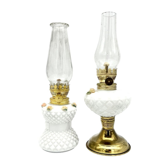 Set of 2 Mini Vintage Oil Lamps 8.5 x 3 9 x 3 Brass and White Milk Glass