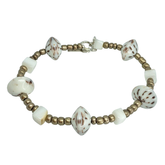 Handcrafted Bracelet White & Goldtone Beads Unique Fun NEW