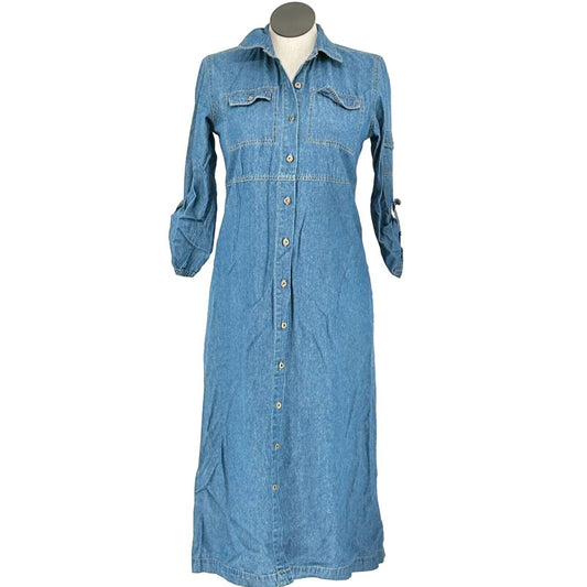 J. G. Hook Dress Women's 10 Blue Denim Button Front Roll Tab Sleeves