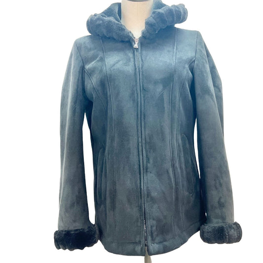 Esprit Women's Small Black Suede Zip Up Jacket Fur Lining Hood Cuffs