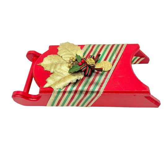 Handcrafted Wooden Sled Red Holly Embellishment Christmas 8.5 x 4