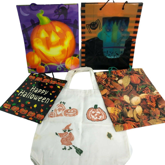 Halloween Handpainted White Canvas Trick or Treat Tote Bag and 4 gift bags