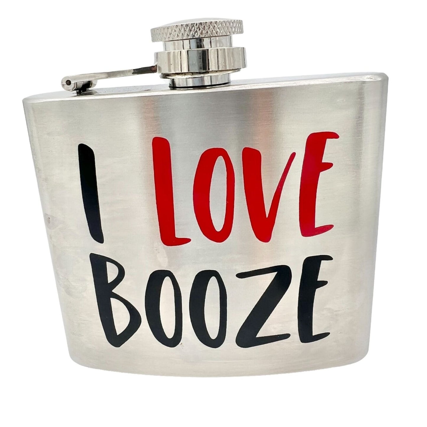 Pocket Flask 3.75 x 3.75 Silver I LOVE BOOZE