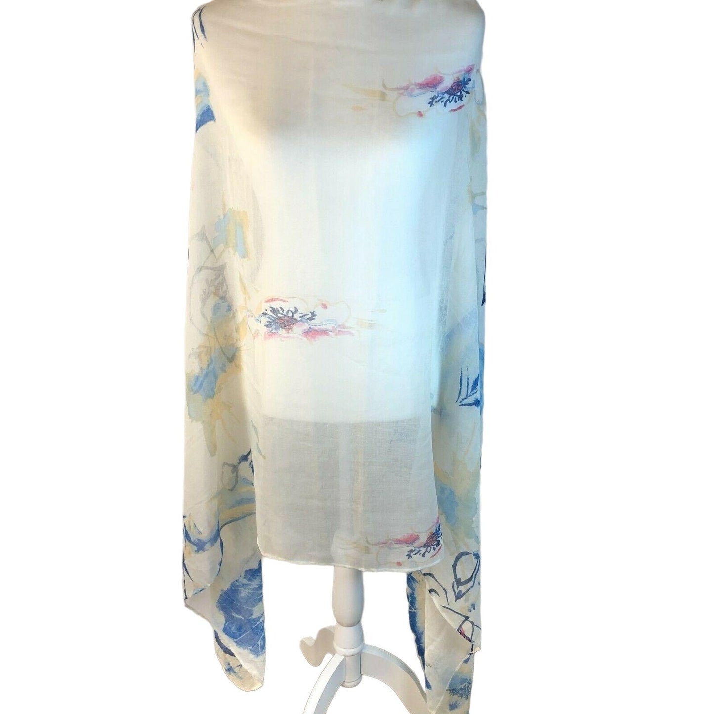 Large White with Pink Blue Yellow Floral Scarf or Wrap 72x30