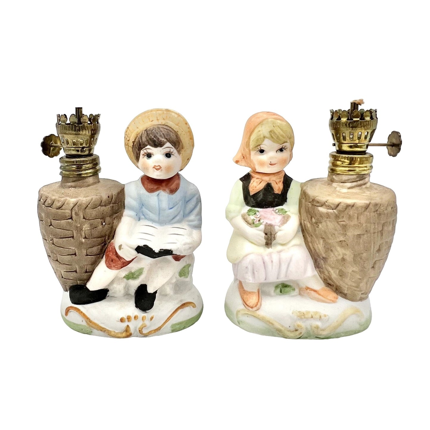 Vintage Pair Matching Ceramic Mini Oil Lamps Boy Reading Book Girl Basket