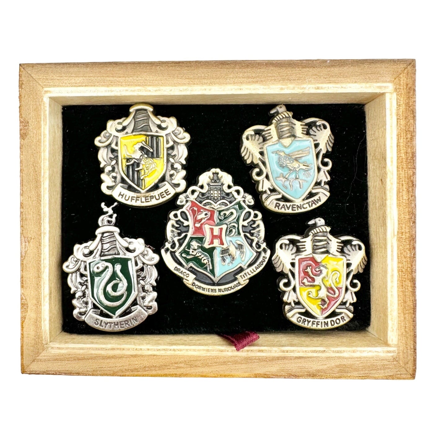 Hogwarts Set of 5 Pins Decorative Wooden Box Velvet Lined NIB