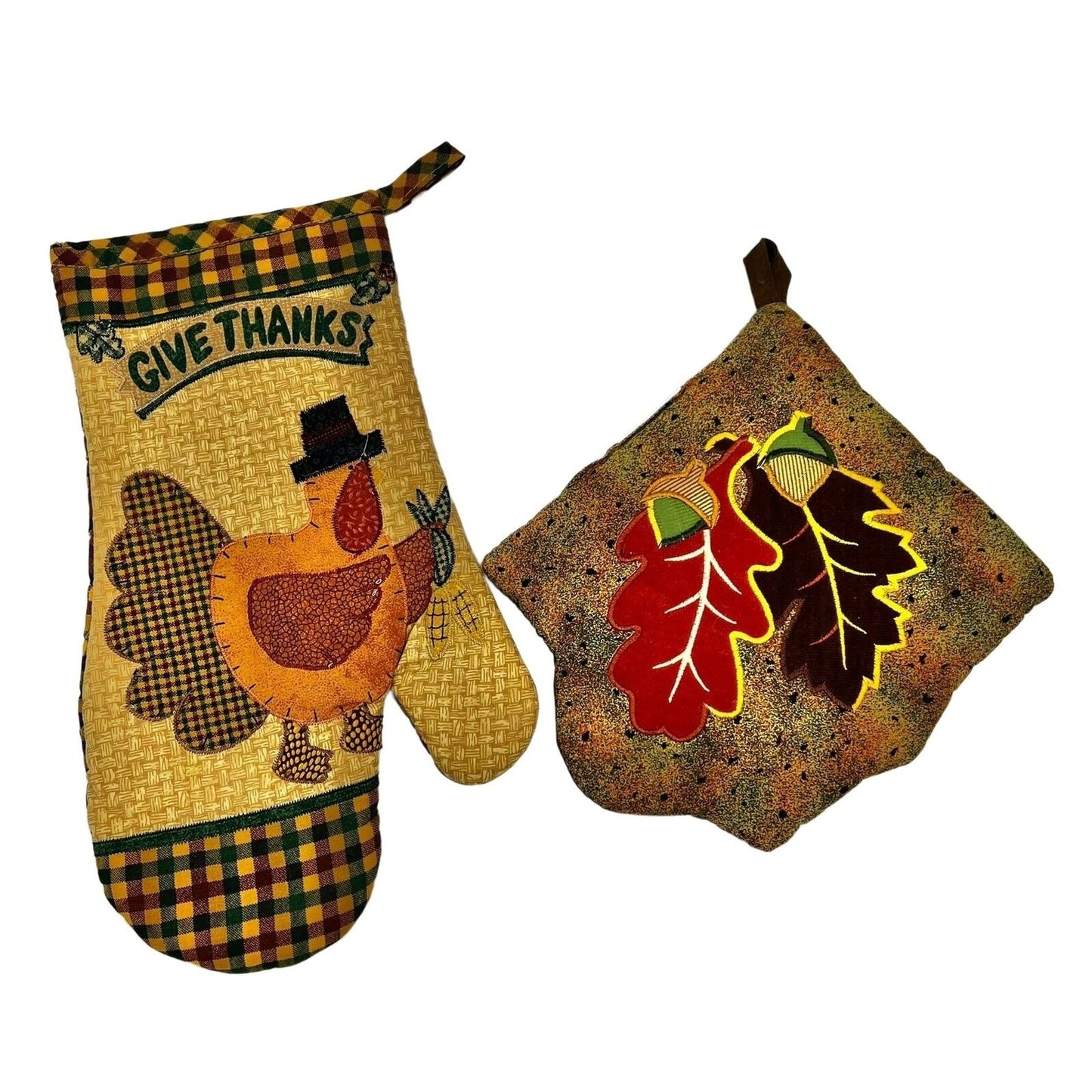 Fall Set Potholder Mitt Brown Give Thanks Leaves Autumn