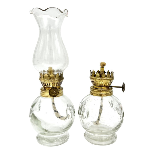 Set of 2 Mini Oil Lamps 8 x 3 and 4.5 x 3 Clear Glass One Missing Chimney