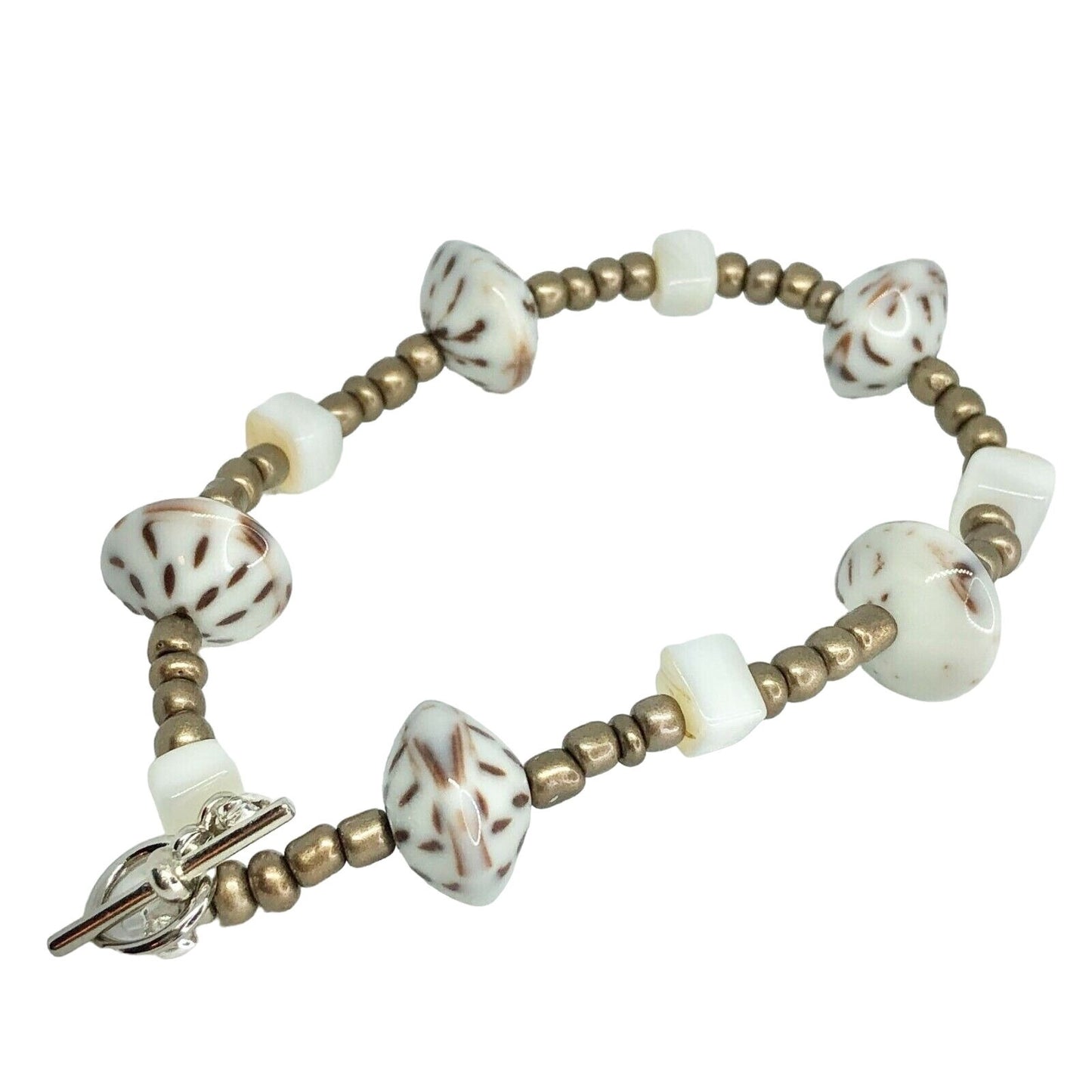 Handcrafted Bracelet White & Goldtone Beads Unique Fun NEW