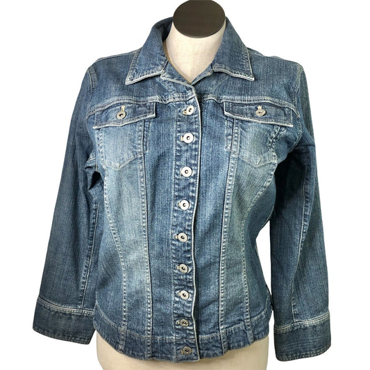 Chico's Platinum Denim Jean Jacket Fits Like XL Long Sleeve Dressy