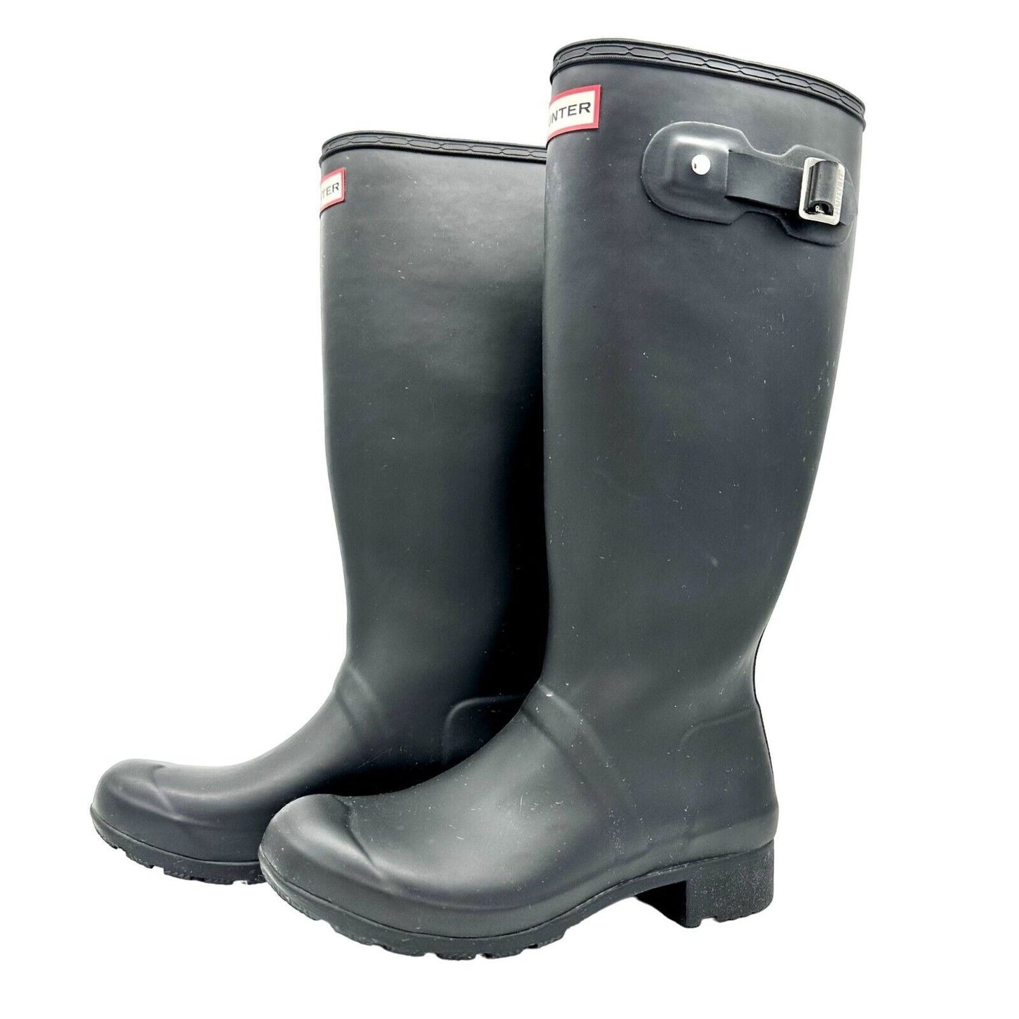 Hunter Rain Boots Size 7 Black Rubber Pull On 1 inch Heel 14 inch Shaft EUC