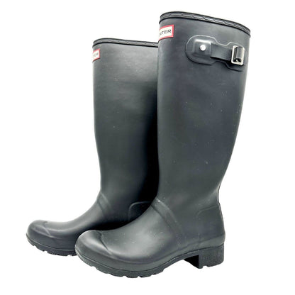 Hunter Rain Boots Size 7 Black Rubber Pull On 1 inch Heel 14 inch Shaft EUC