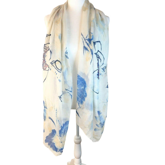 Large White with Pink Blue Yellow Floral Scarf or Wrap 72x30