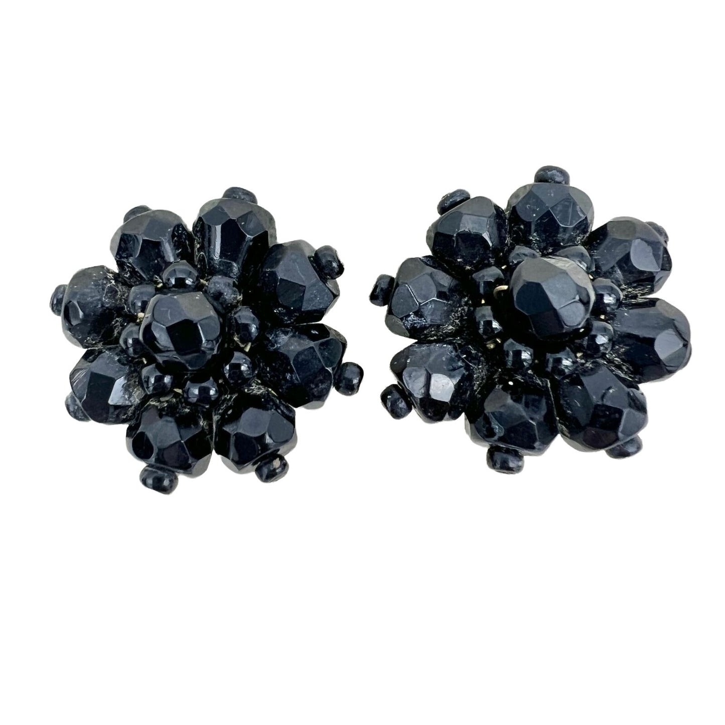 Vintage Black Bead Clip-on Earrings Shape of a Flower