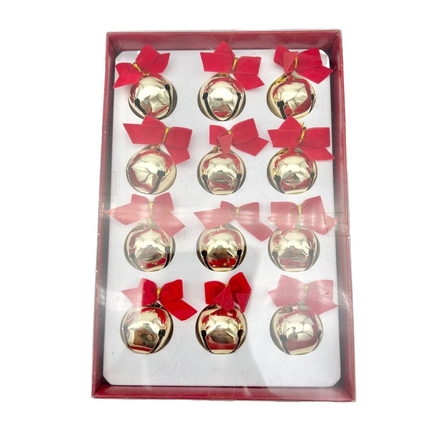 Holiday Time 12 Christmas Bells 1 inch each Gold Red Ribbon NIB