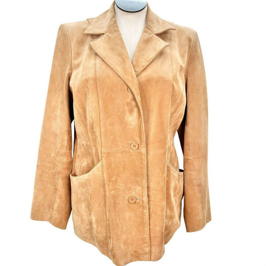 Dialogue Women's Large Camel Suede Leather Coat Polyester Lining