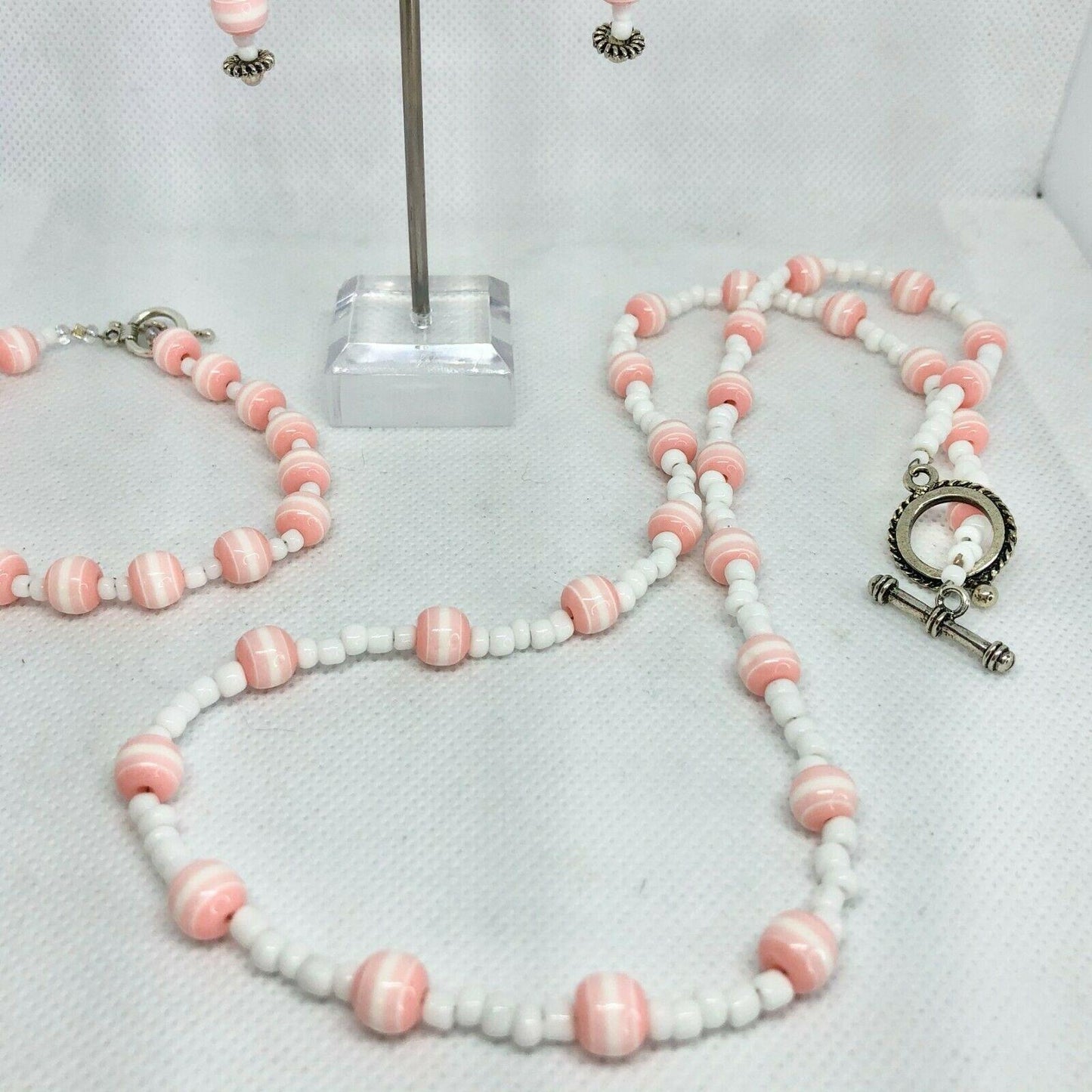 Handcrafted 3pc Jewelry Set Light Pink Beads Necklace Earrings Bracelet NEW