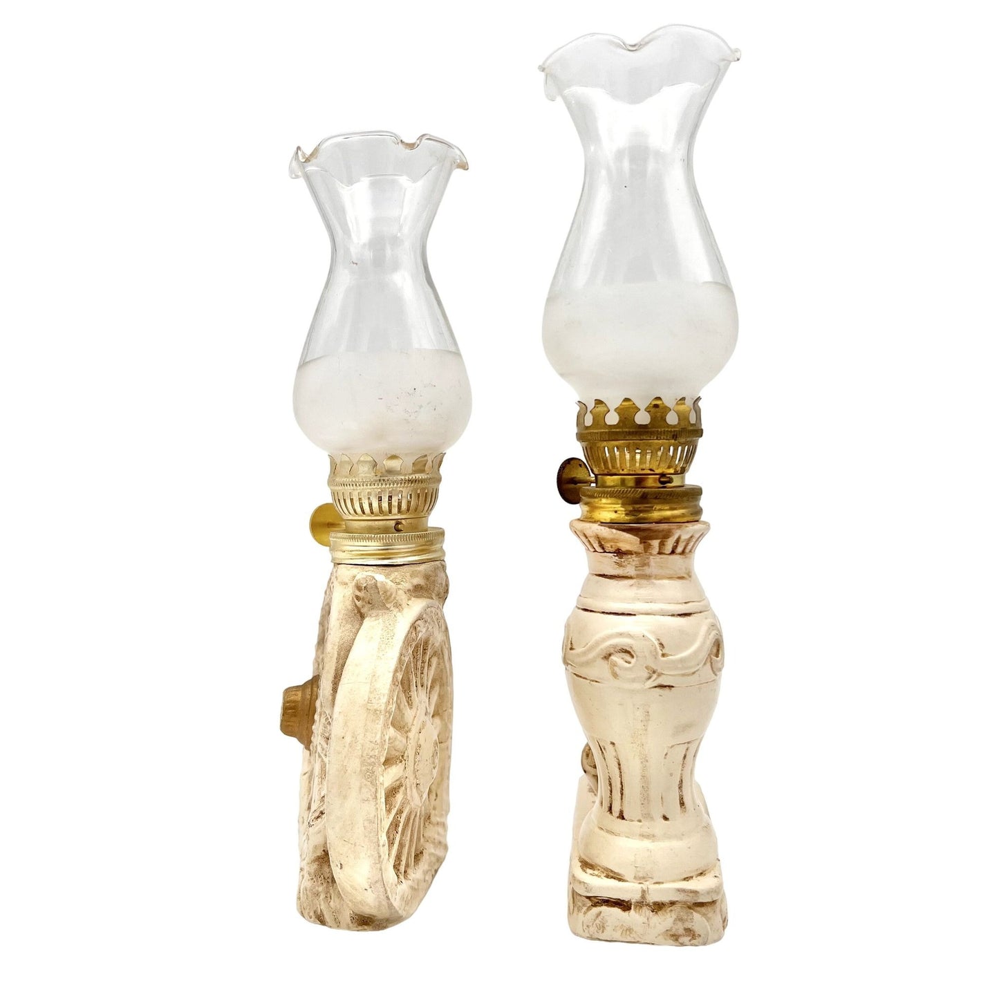 Oil Lamps Set of Two 9 x 4 Cream Beige Ceramic Wagon Wheel Vase Violin Chimneys