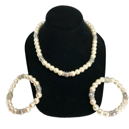 Premier Designs Audrey Pearl Necklace & 2 Bracelets Trio Jewelry Set Fancy