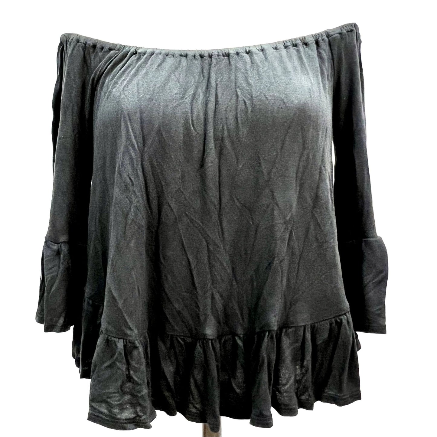 Ecote Top Women's XS Black Off Shoulder Ruffle Trim 3/4 Sleeve