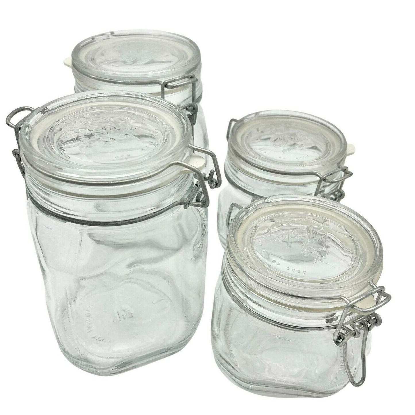 Set of 4 Bormioli Rocco Fido Air Tight Glass Jars Italy 1/2L 1L EUC