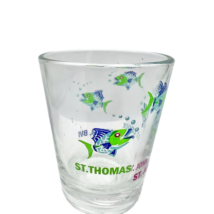 Shot Glass 2.5 x 2 Clear Blue Green Fish St Thomas John Croix Tortola BVI