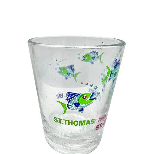 Shot Glass 2.5 x 2 Clear Blue Green Fish St Thomas John Croix Tortola BVI