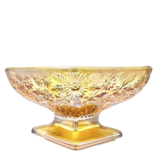 Footed Candy Nut Dish 6.5 x 4.5 Iridescent Marigold Diamond Shape Flowers