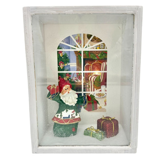 Handcrafted Shadow Box White Santa & Gifts Outside the Window Christmas