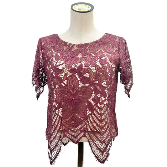 Express Top Women's S Wine Lace Attached Shell Short Sleeve