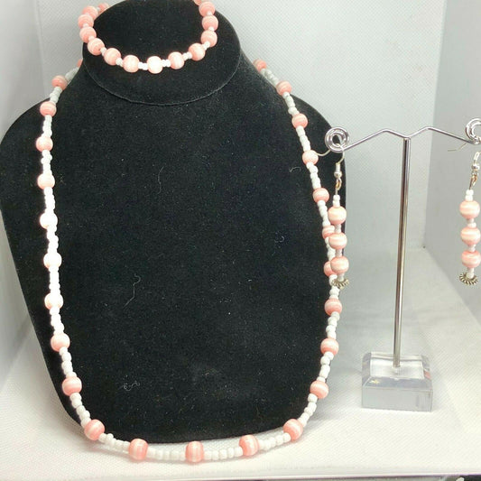 Handcrafted 3pc Jewelry Set Light Pink Beads Necklace Earrings Bracelet NEW