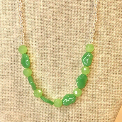 Handcrafted Beaded Necklace Green & Clear Beads Pop Spring Jewelry NEW