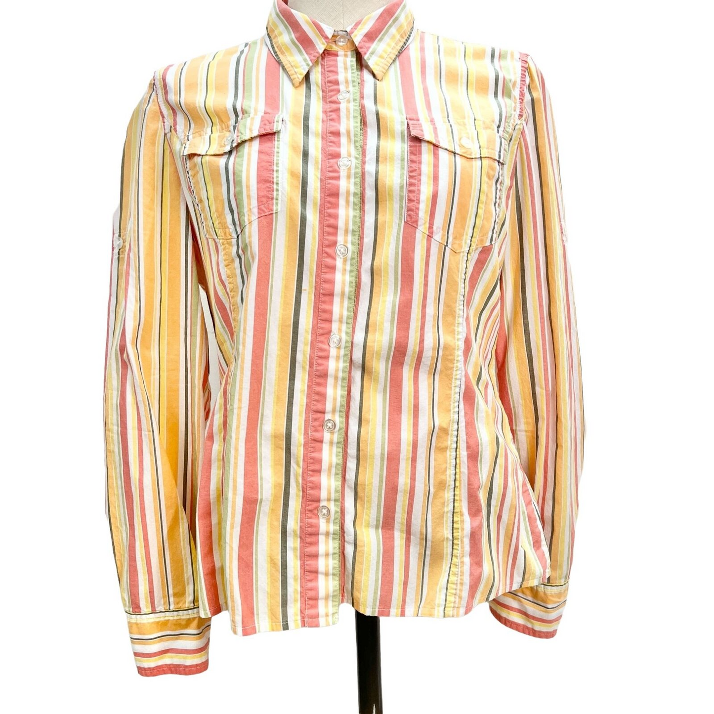 Jones New York Sport Top Womens Small Orange Yellow Green Stripe Long Sleeves