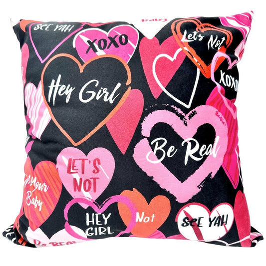 Valentines Day Pillow 17 inch Black Reds Pink White Hearts Sayings XOXO EUC