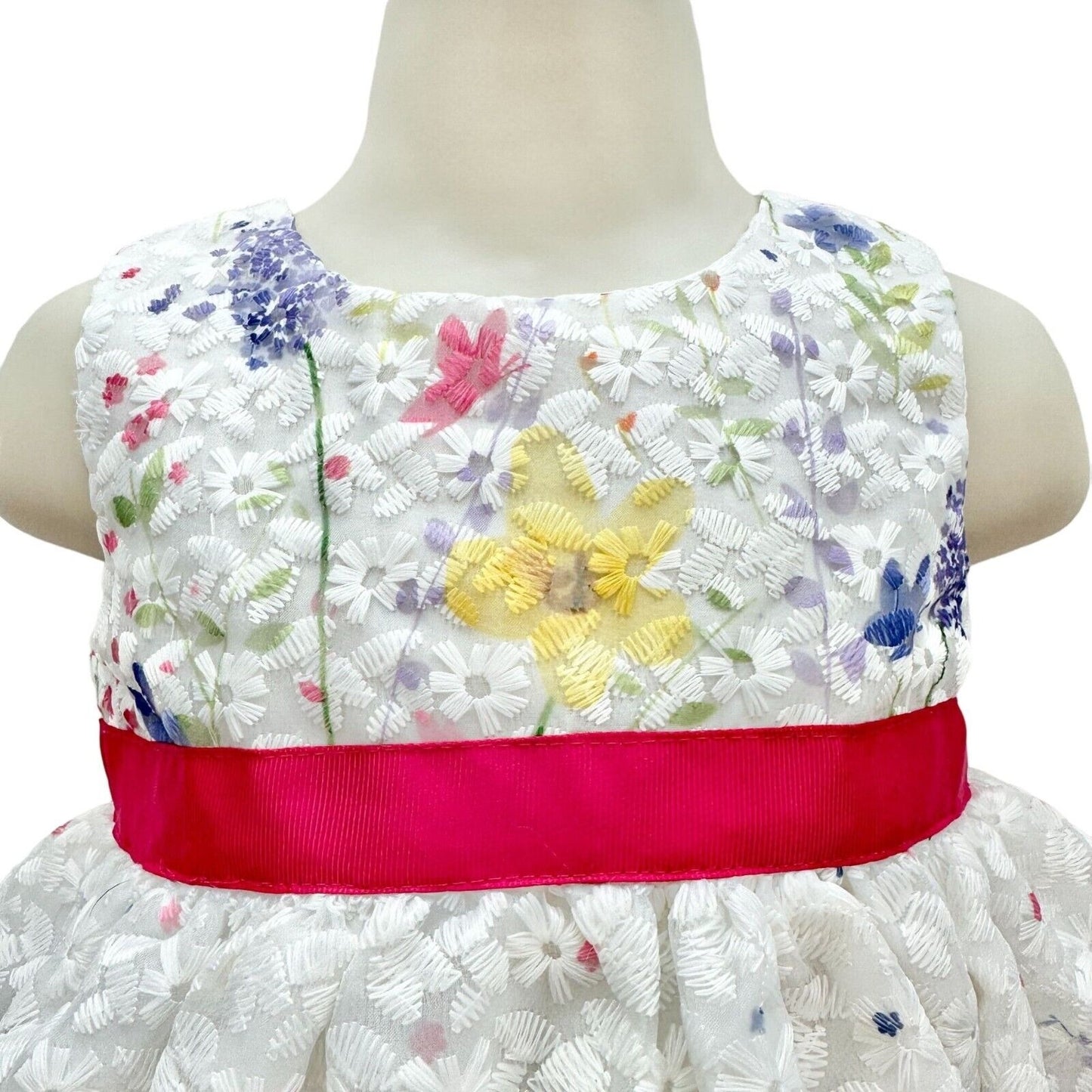 Blueberi Boulevard Child's Dress Size 18M White Stitched Flowers Pink Bow EUC