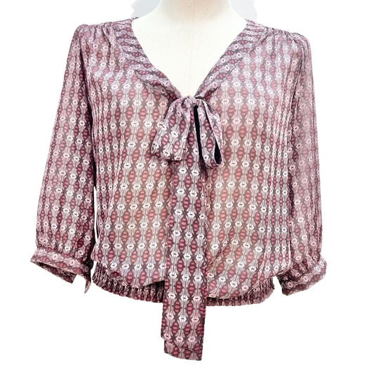 American Rag Small Purple Pattern 3/4 Sleeve Semi Sheer Top Gathered Waist NWOT