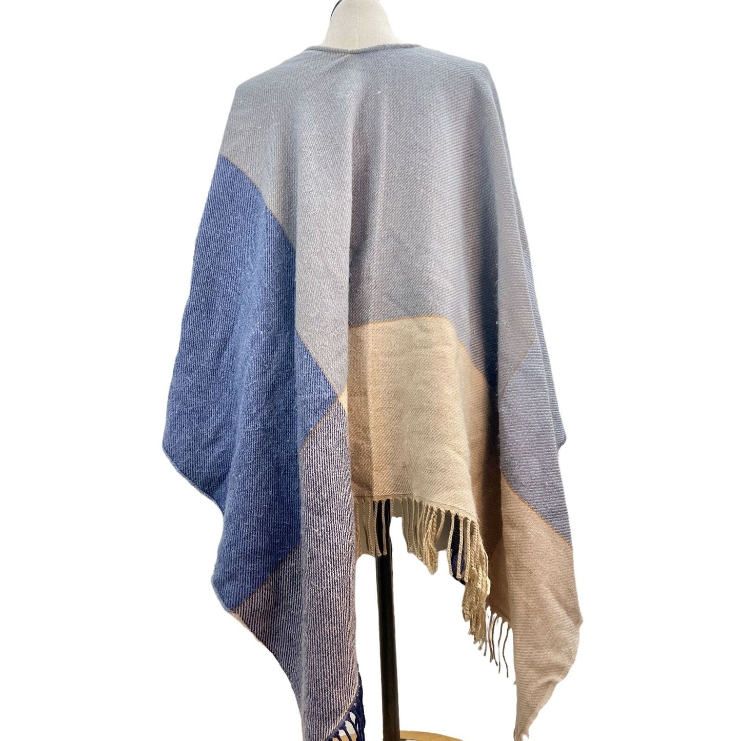 Shawl Wrap OSFA Blues Tan Open Front Fringed