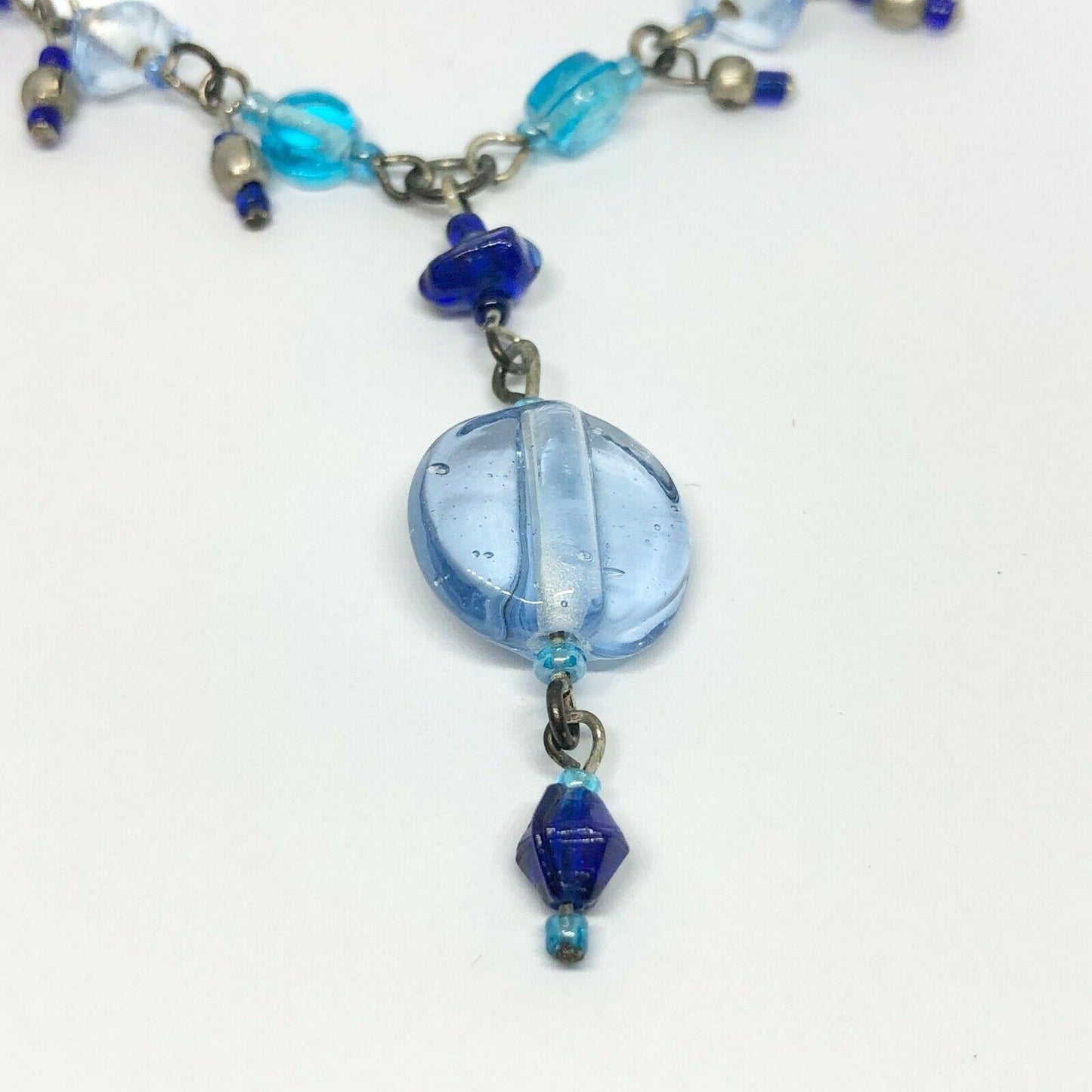 Beaded Pendant Necklace Silvertone and Blue Colorful Beautiful