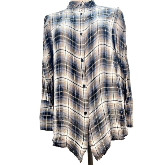 Elan Women's Small Blue Plaid LS Rayon High Low Button Up Mock Neck Top