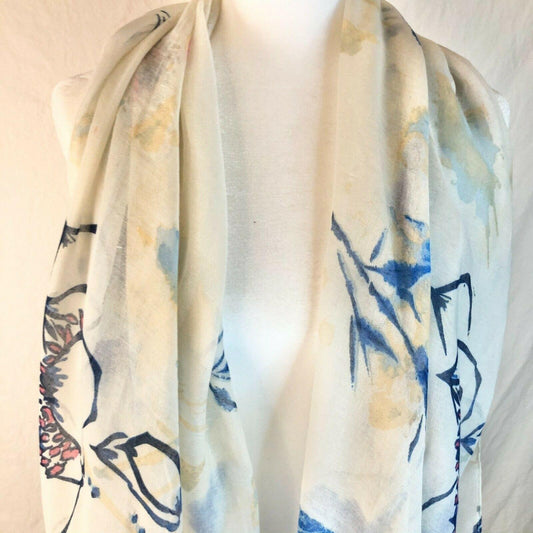 Large White with Pink Blue Yellow Floral Scarf or Wrap 72x30